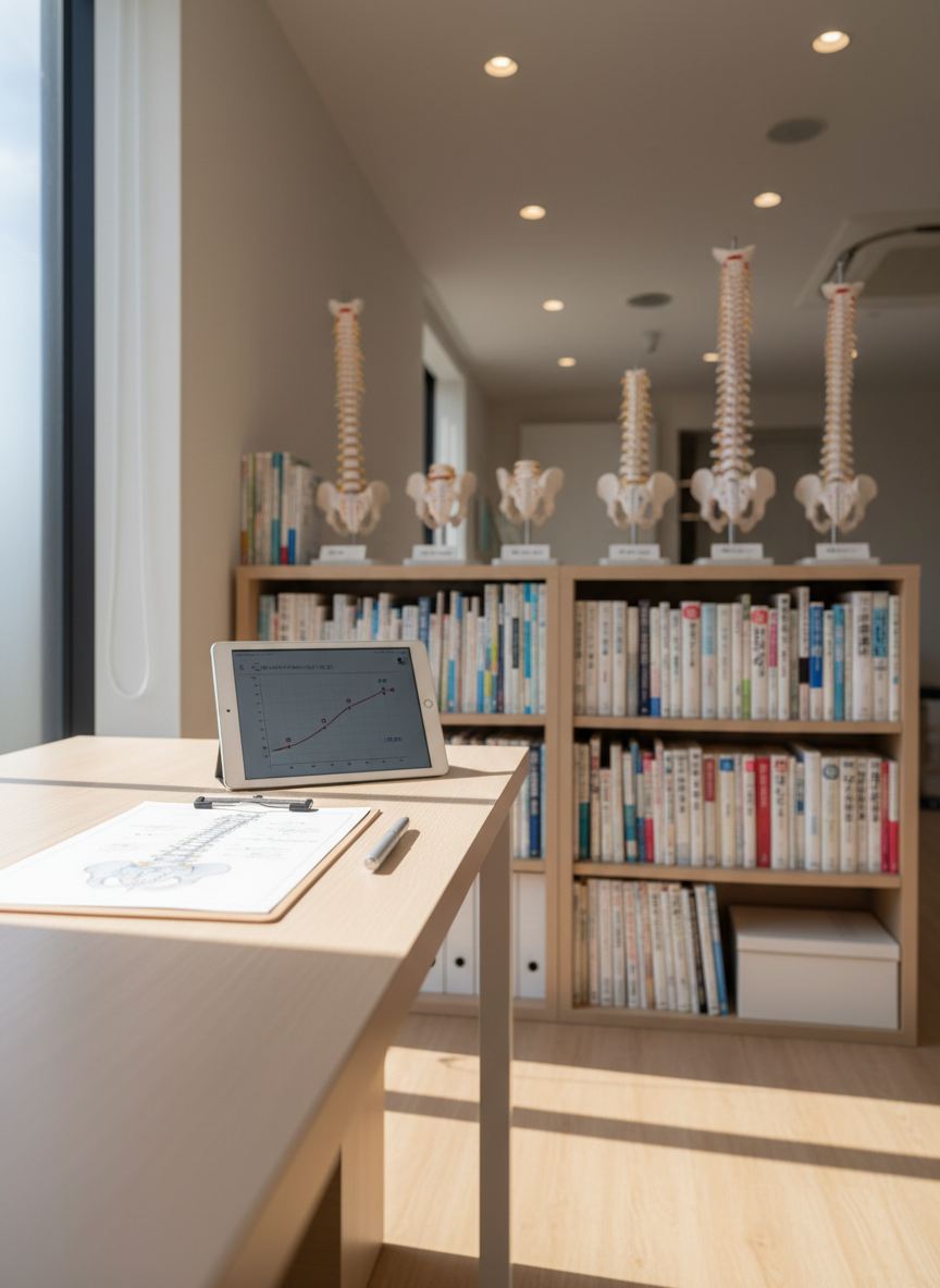 A minimalist consultation desk scene in a professional Japanese osteopathic clinic, with a slim, light-wood desk holding a clean clipboard displaying a printed diagram of the lumbar spine, next to a sleek pen and a gently glowing tablet showing a posture analysis graph. The background features a blurred bookshelf with organized medical reference books and neatly labeled spine models. Soft afternoon natural light streams in from the left, mixing with gentle ceiling lighting to create a bright yet soothing mood. Photographic realism at a slightly elevated angle, using the rule of thirds, keeps the workspace uncluttered and reassuring, emphasizing careful evaluation, explanation, and planning for root-cause improvement and recurrence prevention of lower back pain.