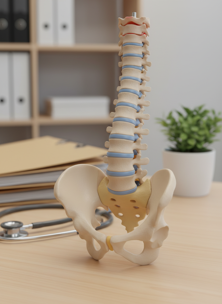 A close-up, photographic realism image of a detailed 3D anatomical model of the human lumbar spine and pelvis, placed on a light wood desk in a clean, professional clinic office. Each vertebra, disc, and sacroiliac joint is clearly visible with subtle color differences to highlight structure and alignment. Behind it, out of focus, are neatly stacked medical files, a stethoscope, and a simple potted plant, adding a sense of warmth. Soft, even overhead lighting creates gentle highlights on the plastic surface of the model and minimal shadows, producing a calm, educational atmosphere. Captured from a slightly low, side angle with shallow depth of field, the composition directs attention to the lumbar area, symbolizing expertise in treating lower back pain.