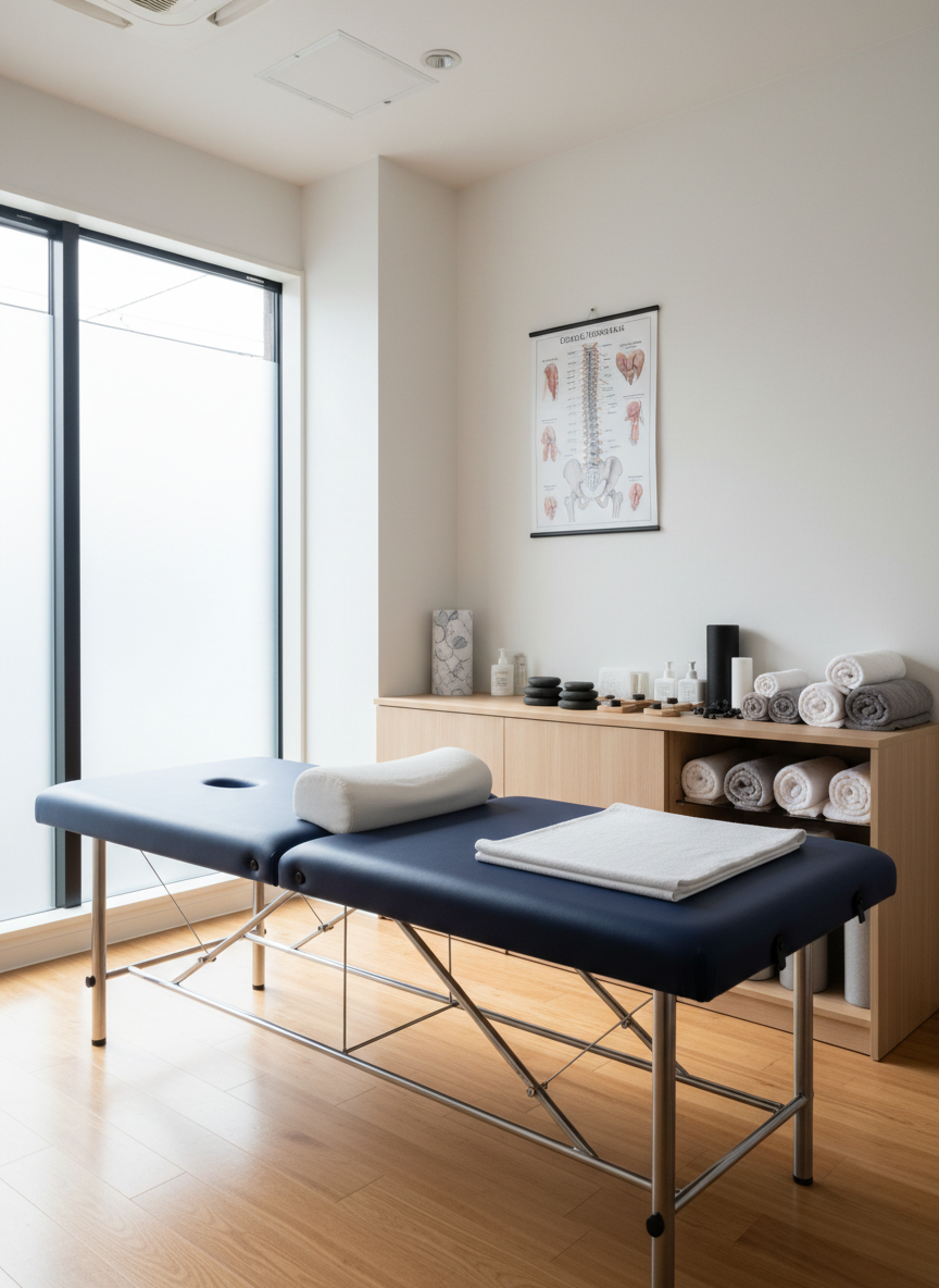 A modern, spotless treatment room in a professional Japanese osteopathic clinic, centered on a sturdy, navy-blue treatment table with a neatly folded white towel and lumbar support cushion placed at the center. Around it, clean white walls feature an anatomical poster of the spine and pelvis, emphasizing lower back structure. A light wood cabinet holds neatly arranged therapy tools and rolled towels. Soft, diffused daylight enters through a frosted window, creating gentle, natural shadows and a calm atmosphere. Shot at eye level with photographic realism and sharp focus, the composition feels balanced and uncluttered, conveying trust, expertise, and a focus on lower back pain care without any human presence.