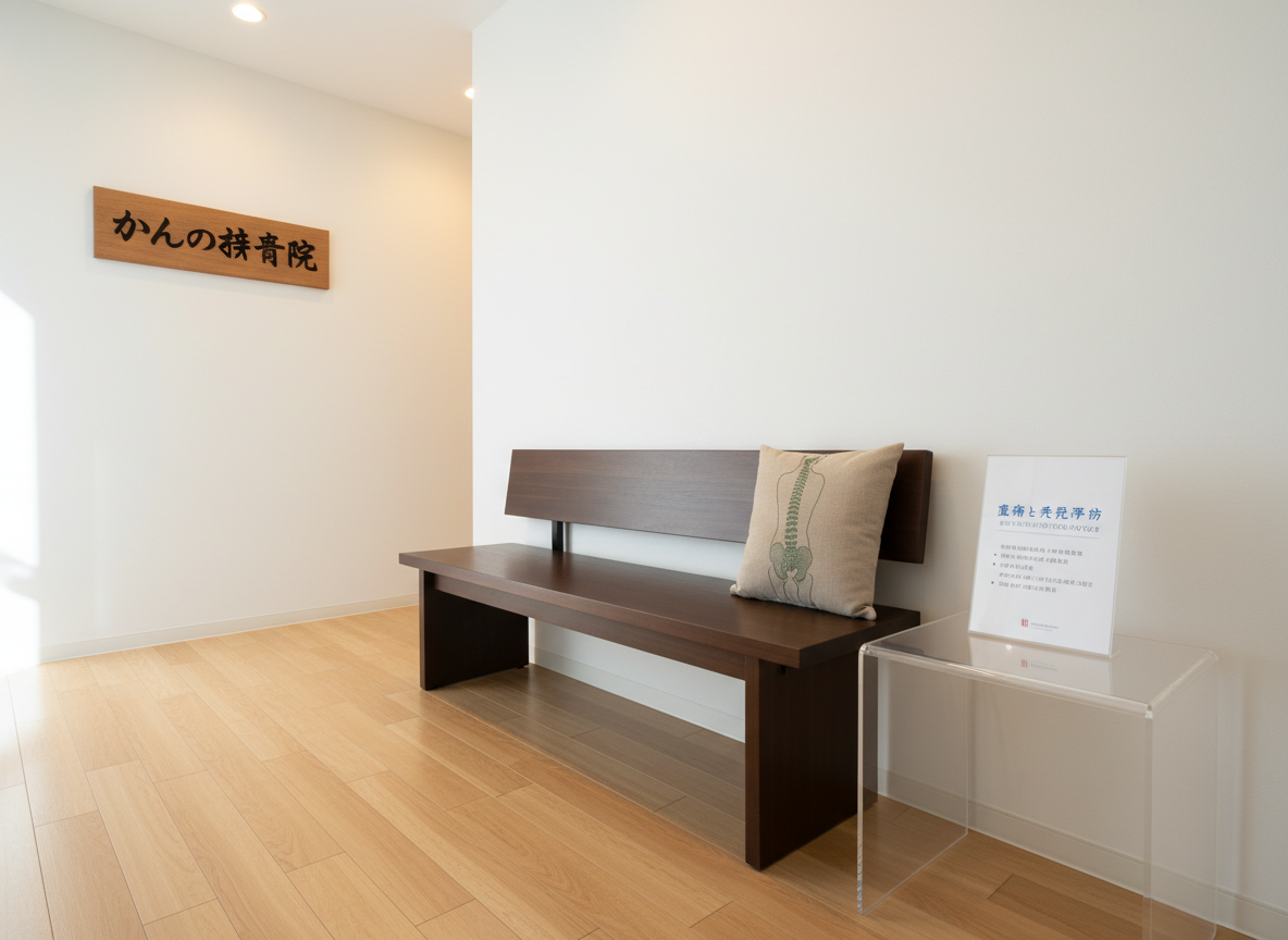 A Japanese clinic entrance interior focused on a simple, dark wood bench with a small cushion that has a subtle illustration of a healthy spine silhouette. Nearby, a low side table holds a clear acrylic stand displaying an information card about lower back pain root-cause treatment and recurrence prevention, printed in clean, modern typography. The floor is light wood, and the walls are white with a single, tasteful sign reading “かんの接骨院” in dark lettering. Warm, soft ceiling lights and a hint of natural light from an unseen window create a welcoming yet professional mood. Photographic realism at an eye-level, wide-angle composition emphasizes cleanliness, trust, and specialization in back pain care.
