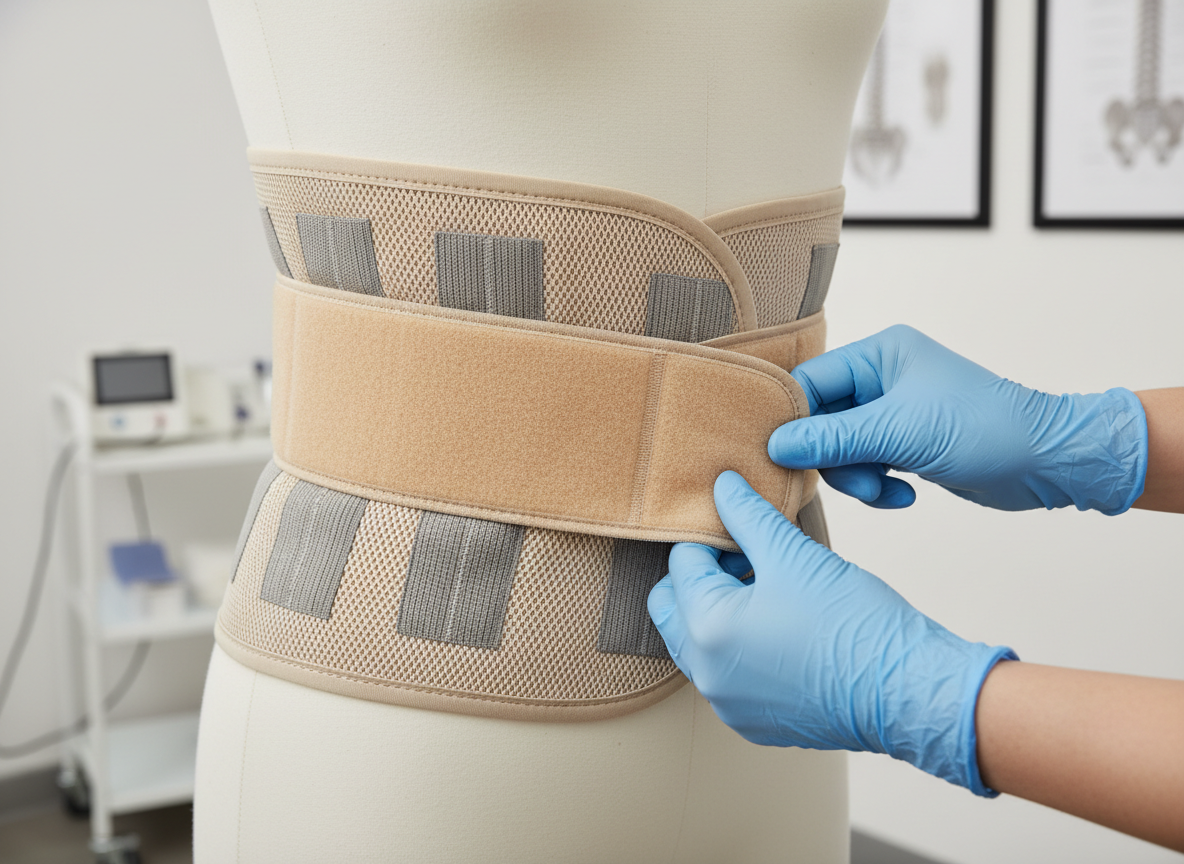 A precise, close-up photographic realism image of a clinician’s gloved hands gently adjusting a neutral-colored lumbar support brace on a featureless, mannequin-like lower torso, focusing solely on the brace and torso with no human identity. The brace is made of breathable beige mesh with subtle gray reinforcement strips and adjustable Velcro straps, showcasing quality materials and ergonomic design. The background is a clean, softly blurred clinic environment with hints of spine charts and neatly stored equipment. Neutral, diffused overhead lighting creates soft highlights on the fabric texture and a clinical yet reassuring mood. Captured at eye level with a shallow depth of field, the image conveys careful, professional support for lower back pain without showing any real person.
