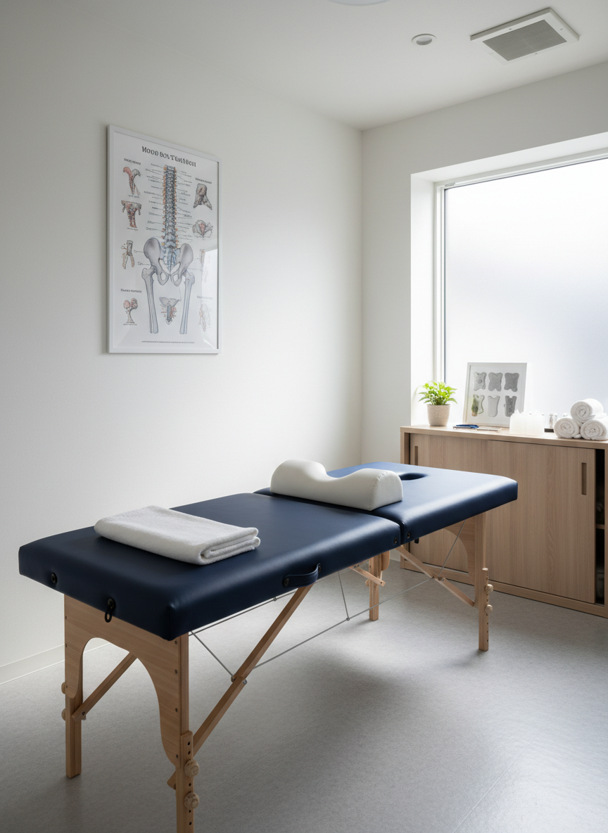 A modern, spotless treatment room in a professional Japanese osteopathic clinic, centered on a sturdy, navy-blue treatment table with a neatly folded white towel and lumbar support cushion placed at the center. Around it, clean white walls feature an anatomical poster of the spine and pelvis, emphasizing lower back structure. A light wood cabinet holds neatly arranged therapy tools and rolled towels. Soft, diffused daylight enters through a frosted window, creating gentle, natural shadows and a calm atmosphere. Shot at eye level with photographic realism and sharp focus, the composition feels balanced and uncluttered, conveying trust, expertise, and a focus on lower back pain care without any human presence.
