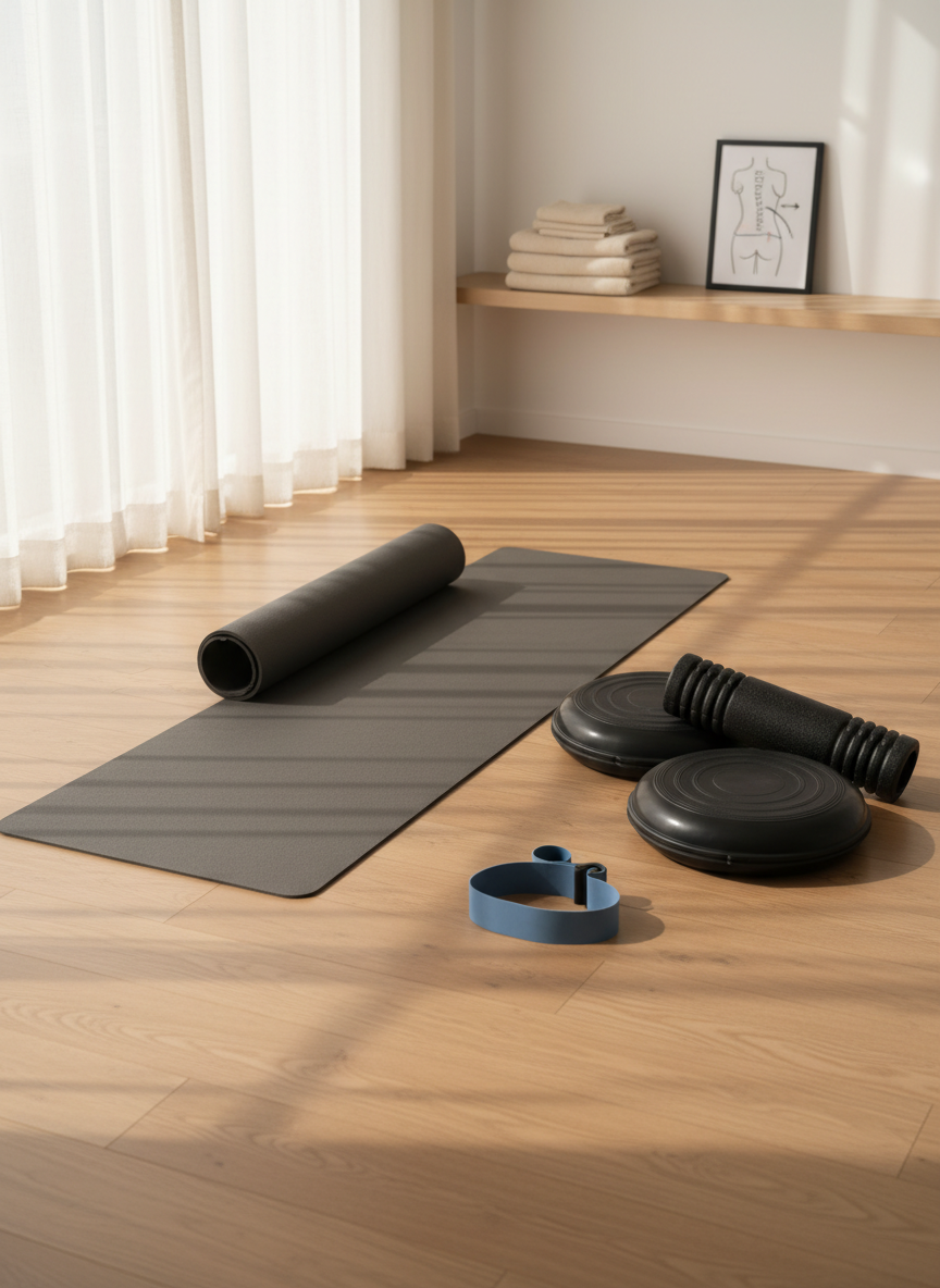 A serene rehabilitation space dedicated to lower back pain prevention, featuring a neatly arranged set of core training tools: a dark gray yoga mat fully extended on light oak flooring, next to a pair of small balance cushions, a foam roller, and a lumbar-stabilizing exercise band. In the background, a simple shelf holds neatly folded towels and a small, framed illustration of correct lumbar posture. Soft morning light filters through a large, semi-sheer curtained window, casting delicate, elongated shadows and a peaceful glow. Shot from a slightly elevated corner perspective with photographic realism and moderate depth of field, the composition feels open and motivating, emphasizing long-term maintenance and recurrence prevention in a professional, trustworthy setting.